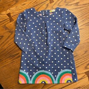 Baby Boden Blue Polka Dot Long Sleeve dress with Rainbow Hem